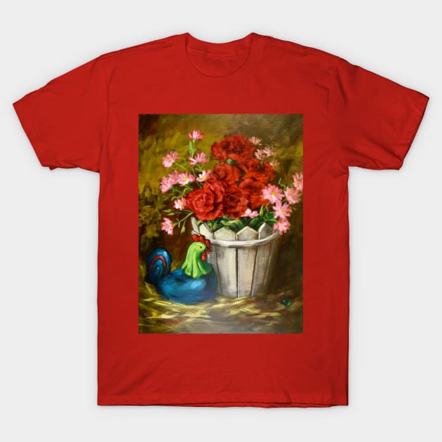 Folk Art Chicken and Flowers Painting T-Shirt by Sue Cervenka